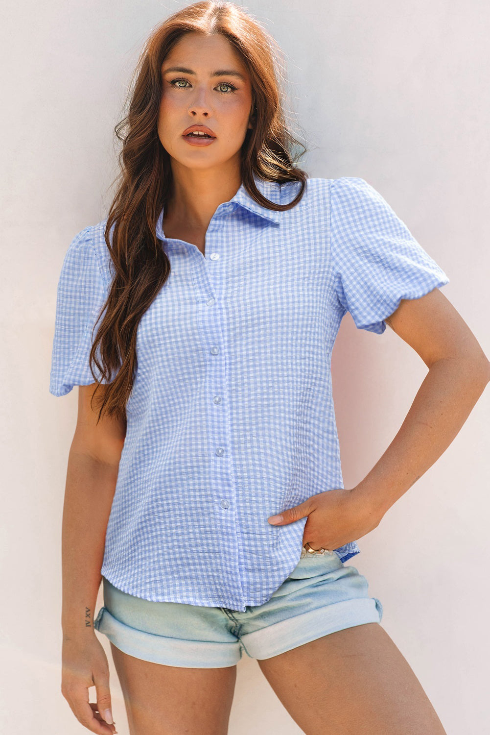 Light Blue Gingham Short Puff Sleeve Button Up Shirt