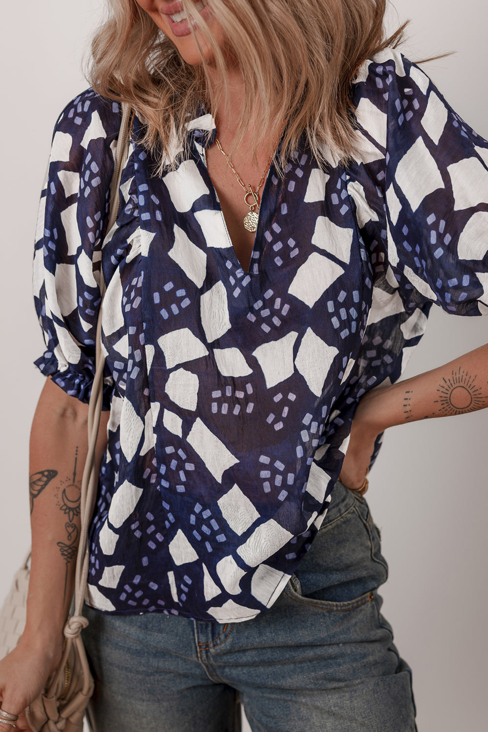 Blue Abstract Print Frilled Puff Sleeve V Neck Blouse