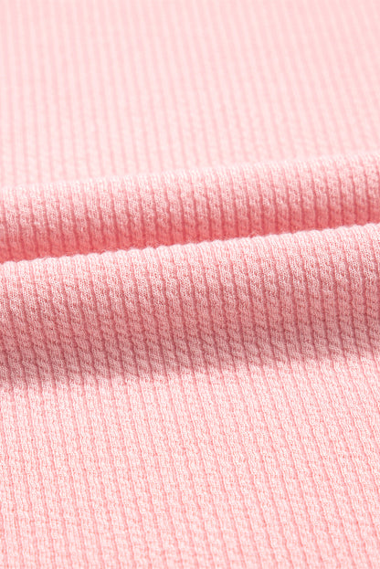 Light Pink Pearl Beaded Ruffle Short Sleeve Patchwork Ribbed Blouse