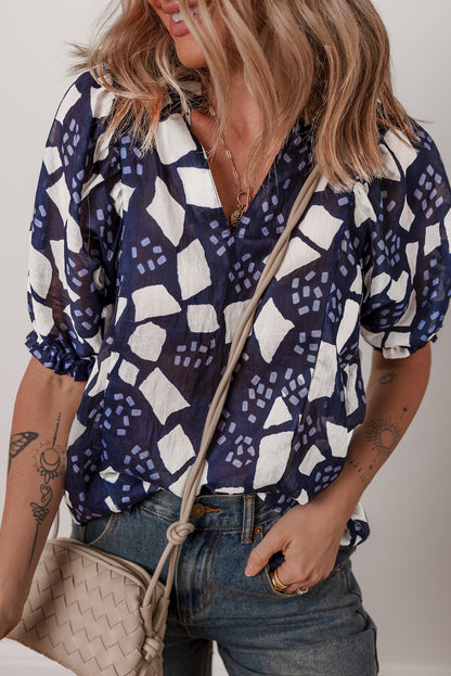 Blue Abstract Print Frilled Puff Sleeve V Neck Blouse
