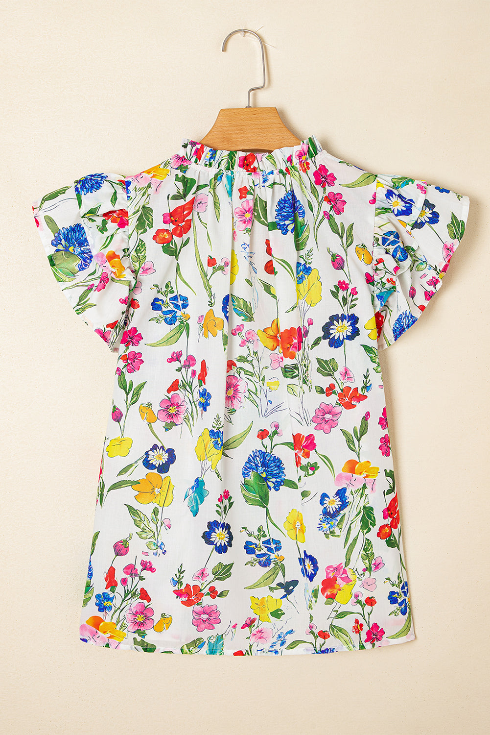 White Floral Print Ruffle Tiered Sleeve Split V Neck Blouse